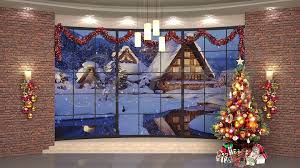 91hd Christmas Tv Virtual Studio Green Screen Background Bricks Xmas Tree Snowfall Green Screen Backgrounds Greenscreen Studio Green