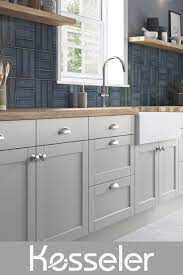 French grey shaker kitchen pantry cabinet with natural oak interior, worktop and power supply, pocket doors and under shelf lighting. Light Grey Shaker Kitchen With Wood Worktop Modern Shaker Kitchen Grey Shaker Kitchen Tiny House Kitchen