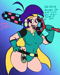 1girls blue hair cape english text ghastlypann huge breasts  leotard mighty magiswords red eyes sword tagme vambre warrior wide hips 