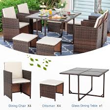 Indoor wicker dining sets can be used anywhere that is protected against the elements, whether that's your formal dining room, breakfast nook, screened porch or lanai. Buy Vongrasig 9 Piece Small Patio Dining Set Outdoor Space Saving Pe Wicker Dining Furniture Set Glass Patio Dining Table With Cushioned Wicker Chairs And Ottoman Sets For Lawn Garden Backyard Beige
