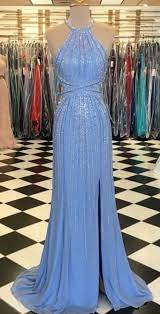 Stylish Dress Sheath Crew Sweep Train Light Blue Prom Dress With Beading Split Sheath Crew Sweep Train Light Blue Prom Dress With Beading Light Blue Prom Dress Prom Dresses Blue Prom