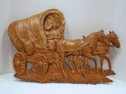 Covered Wagon Wood Carving Wood Wall Art Size 18 W X 13 Etsy Carved Wood Wall Art Wood Carving Western Wall Art