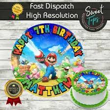 The first super mario brothers game was released in 1985. Super Mario Brothers Edible Round Birthday Cake Topper Decoration Personalised Ebay