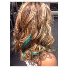 Blonde Highlights Medium Low Lights And Turquoise Streak Extensions Hair Streaks Blonde Turquoise Hair Blonde Highlights