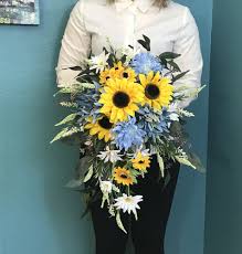 Sunflower bouquets wedding flower package 17 pieces custom for. Dusty Blue Sunflower Cascading Bridal Bouquet Silk Blue Sunflower Bouquet Sunflowers Daisies Chrysa Cascading Bridal Bouquets Sunflower Bouquets Bridal Bouquet