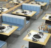 Commercial Restaurant Cafe Coffee Shop Furniture Set Marble Square Hot Pot Tables, Wooden Chairs and Wood Base Booth Sofa