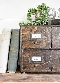 This organizer drawer cabinet boasts large drawer on the bottom and 2 open storage on the top that are perfect for housing a card catalog. How To Make A Card Catalog From An Ikea Moppe Little House Of Four Creating A Beautiful Home One Thrifty Project At A Time How To Make A Card Catalog