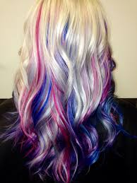 Creative blue purple hair combos. Platinum Blonde Hair With Blue Pink And Purple Streaks Purple Hair Streaks Hair Styles Platinum Blonde Hair