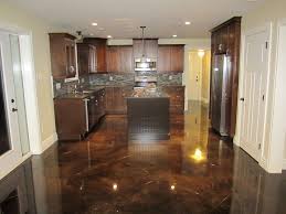 Interior Design Stained Concrete Floors Ideas With Dark Wooden Kitchen Island And Wooden Counte Concrete Stained Floors Concrete Floors Concrete Kitchen Floor