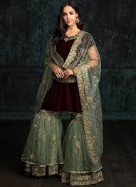 Wine And Mint Velvet Gharara Suit Bollywood Dress Indian Designer Outfits Designer Dresses Indian