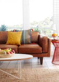 You won't want to miss these savings. Seriously Contemplating A Leather Couch Love That Blue Yellow Grey Pillow Leather Sofa Living Room Freedom Furniture Brown Leather Couch