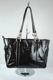 Coach Black And Brown Purse Coach Black Patent Leather Gallery Tote F12839 Silver Hardware Turnlock Sides Black Patent Leather Patent Leather Leather Tote