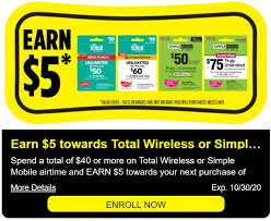 ( 4.0 ) out of 5 stars 1 ratings , based on 1 reviews current price Expired Dollar General Buy 40 Total Wireless Or Simple Mobile Gift Cards Get 5 Off Next Gift Card Purchase Ends 10 31 20 Gc Galore