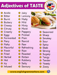 Adjectives Of Taste Vocabulary List In English Acidic Bitter Burnt Buttery Cheesy Citrusy Creamy Eggy Fermented F English Grammar English Vocabulary Vocabulary