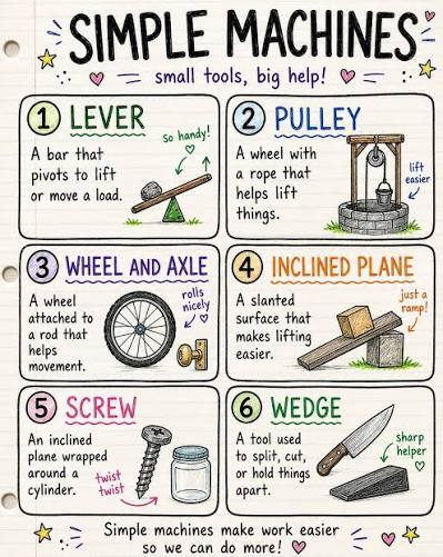 Simple machines including lever, pulley, inclined plane, wheel and axle, wedge, and screw