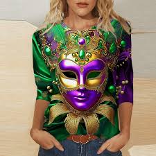 Womens Mardi Gras Color Shirts,2025 Women Carnival Themed Outfit Party Mask  Graphic 3/4 Sleeve Tunic Tops Crewneck Parade Blouse