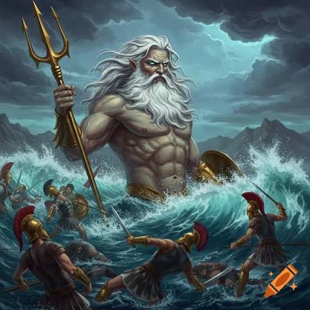 Poseidon emerges from the stormy sea, trident raised, as soldiers battle in  the waves below. on Craiyon