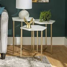 Manor Park Modern Wood Nesting Tables Set Of 3 Faux White Marble Gold Walmart Com Gold Nesting Tables Gold Living Room Wood Nesting Tables