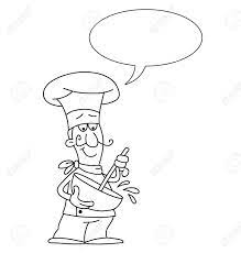 This is a cartoon headshot of a fat chef wearing a large white chef's hat. Monochrome Outline Cartoon Chef With Speech Bubble For Own Text Royalty Free Cliparts Vectors And Stock Illustration Image 28463560