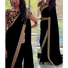 Contrasting blouses are an in thing and work perfectly for plain sarees. Georgette Border Work Black Plain Saree 808a Black Saree Elegant Saree Black Saree Blouse