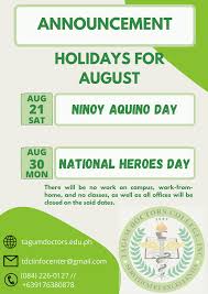 Different types of test are required for different stages Tagum Doctors College Inc Notice Of Holiday The Following Dates Are Declared As Non Working Holidays In The Month Of August August 21 2021 Ninoy Aquino Day August 30 2021 National Holiday