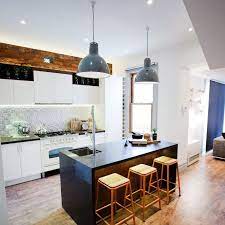 Industrial Pendant Light Shades Great Textured Backsplash Wood Beam Overhead I Think It Modern Kitchen Lighting Industrial Kitchen Lighting Kitchen Lighting