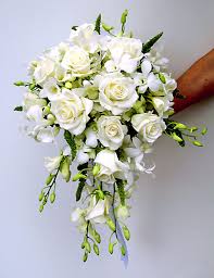 All White Cascade Bouquet With Roses And Dendrobium Orchids Flower Bouquet Wedding Cascading Wedding Bouquets Small Wedding Bouquets