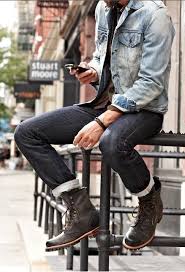 Men S Blue Denim Jacket Black Jeans Dark Brown Leather Casual Boots Mode Homme Tenue Homme Style Vestimentaire Homme
