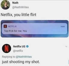 Netflix You Little Flirt Netflix Us V O Netflix Replying To Nathwrites Just Shooting My Shot Really Funny Memes Funny Texts Funny Relatable Memes