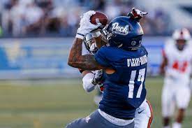Wide Receiver Brendan O Leary Orange Of The Nevada Wolf Pack Gets Hit Nevada Wolf Pack Wide Receiver Wolf Pack