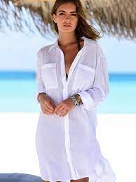 Summer Ruffled Pockets Shirt Beach Cover Ups White Beach Shirt Beach Shirts Beach Dress