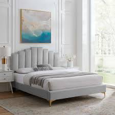 Message for info & prices! Elise Twin Performance Velvet Platform Bed In Light Gray Hyme Furniture