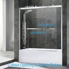 Choose from bypass tub doors, sliding tub door with stationary glass or two designs of a single leaf glass tub doors to make your bathtub the centerpiece of your bathroom. á Woodbridge Frameless Bathtub Shower Doors 56 60 Width X 62 Height With 3 8 10mm Clear Tempered Glass 2 Ways Opening Double Sliding In Polished Chrome Finish Woodbridge