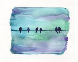 Easy Birds On A Wire Painting Morning Meeting Birds On A Wire Night Sky Blue Purple Green Teal Black Watercolor Print Watercolor Watercolor Print Watercolor Bird