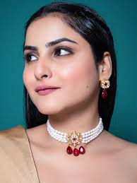 Pearl Choker Pearl Cherry Necklace Cherry Choker Necklace Pearl White Red  Gold Plated Polki Choker