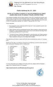 Suspension of spectator/sports events 1. Public Advisory No 01 2021 Entry Of Filipino Citizens To The Philippines Is Allowed Under New Covid 19 Variant Travel Restrictions