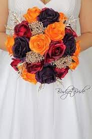 Plum and orange wedding bouquets. Burgundy Plum And Orange Fall Wedding Brides Bouquet With Rose Gold Glitter Accents Orange Wedding Flowers Flower Bouquet Wedding Fall Wedding Bouquets
