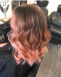 The roots can be your natural brown hair color and the ends would be teased with some delicate peach undertones. Rose Balayage Peach Hair Balayage Hair Ombre Hair Color