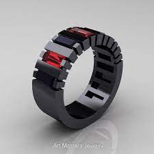 Mens Modern 14k Black Gold Black Diamond Ruby Baguette Cluster Tank Ring R395 14kgrgbdr Black Gold Ring Black Gold Jewelry Mens Ring Designs