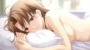 arima ayumi, kono yo no hate de koi wo utau shoujo yu-no, highres, official  art, tagme, 1girl, breasts, brown eyes, brown hair, female focus, looking  at viewer, lying, medium breasts, nude, on