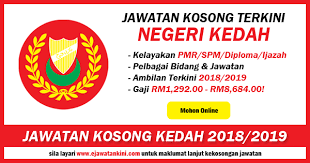 Warganegara malaysia yang berkelayakan digalakkan memohon jawatan kosong seperti berikut. Jawatan Kosong Terkini Di Seluruh Negeri Kedah Ambilan 2018 2019 Ejawatankini Com