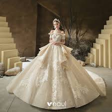 Luxury Gorgeous Champagne Bridal Wedding Dresses 2020 Ball Gown Off The Shoulder Short Sleeve Backless Appliques Lace Beading Royal Train Ruffle In 2020 Country Wedding Dresses Beautiful Wedding Dress Lace Ruffle Wedding Dress