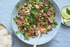 Herby Pork Larb With Chile Recipe Recipe Pork Larb Spicy Dishes Pork