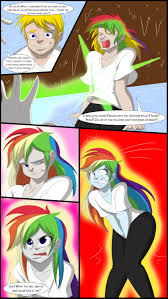 1195137 - questionable, artist:tfsubmissions, part of a set, rainbow dash,  human, comic:the mane attraction, equestria girls, g4, clothes, comic,  dialogue, eyes closed, magic, male to female, one eye closed, open mouth,  pants,