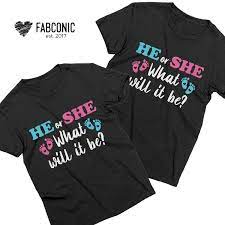 Gender reveal shirt for mom and dad, pink or blue mommy loves you shirt, pink or blue daddy loves you shirt, pregnancy announcement shirt. Gender Reveal Shirts He Or She What Will It Be Pregnancy Announcement Shirt