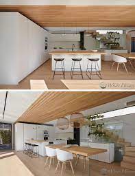 Incorporating slats on a small section of a wall—for example, behind the television in the living room—makes it possible to adopt this trend on a small budget. This Combined Kitchen And Dining Room Is Defined By An Overhead Wood Accent