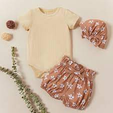 3 Piece Baby Toddler Solid Romper And Flower Shorts With Hat Set Designer Kids Clothes Cute Baby Clothes Solid Romper