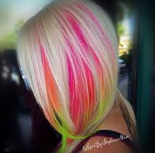 Pink Orange And Lime Green Peek A Boo On Blonde Vivid Hair Color Hidden Hair Color Hair Color Orange