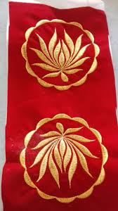 The beautiful artistry of gold embroidery is created by stitching gold thread over the entire surface of templates, shaped from layers of paper, bringing about raised relief on velvet. Tekat