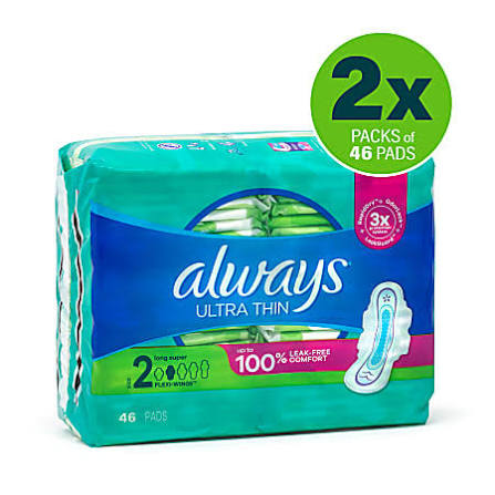 Always Ultra Thin Long Super Pads with Flexi-Wings, Unscented, Size 2, 92 ct.